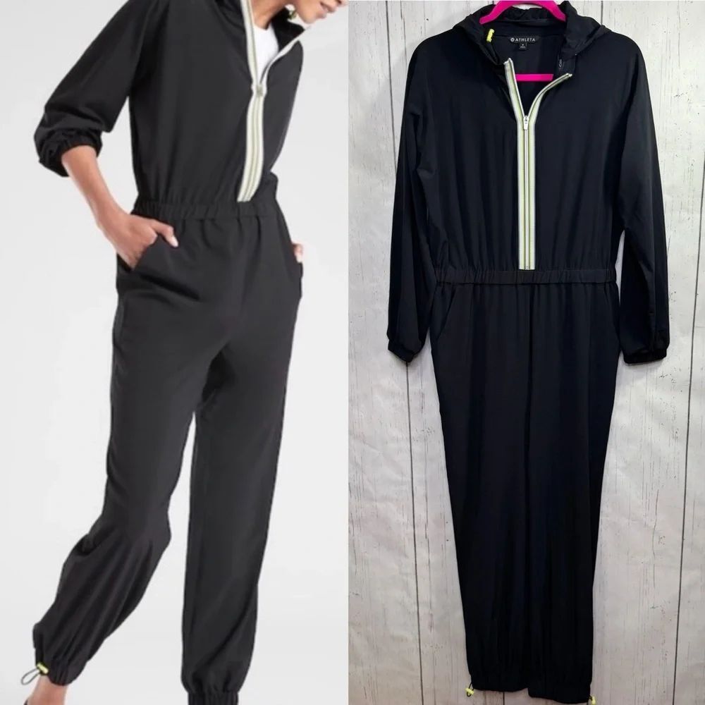 Athleta Black Zip Front Hooded Jumpsuit Size 6 Athleisure Travel Cozy Minimalist